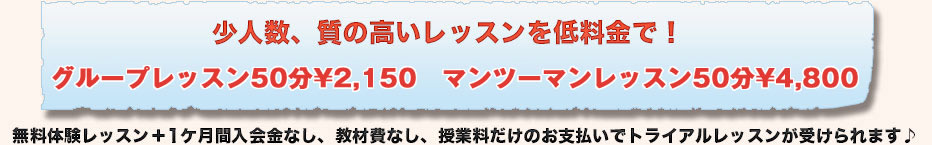 質の高いレッスンを良心的料金で！（グループレッスン50分¥2,150　マンツーマンレッスン50分¥4,800）“オーロラ英会話”は安心して学べるスクールです！